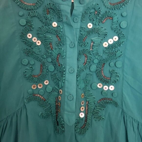 3.1 Phillip Lim Embroidered Embellished Baby Doll Teal Womens Boho Blouse Sz 4 - Picture 2 of 7